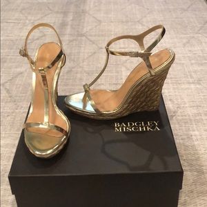 Badgley Mischka metallic gold T strap wedge